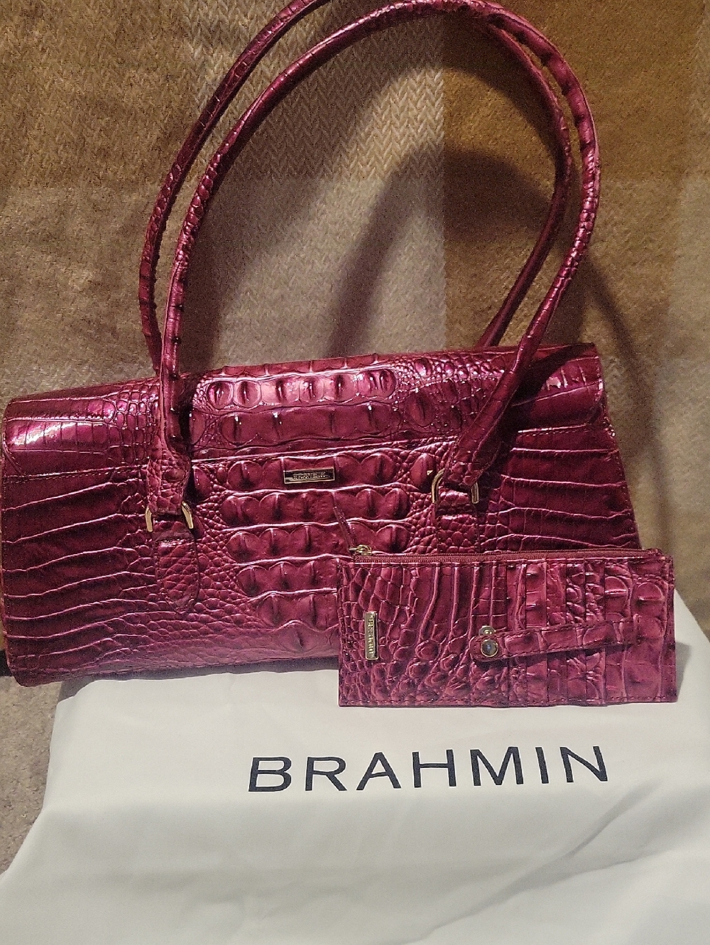 Brahmin Croc-Embossed Shoulder Bag and Wallet in Deep Berry
